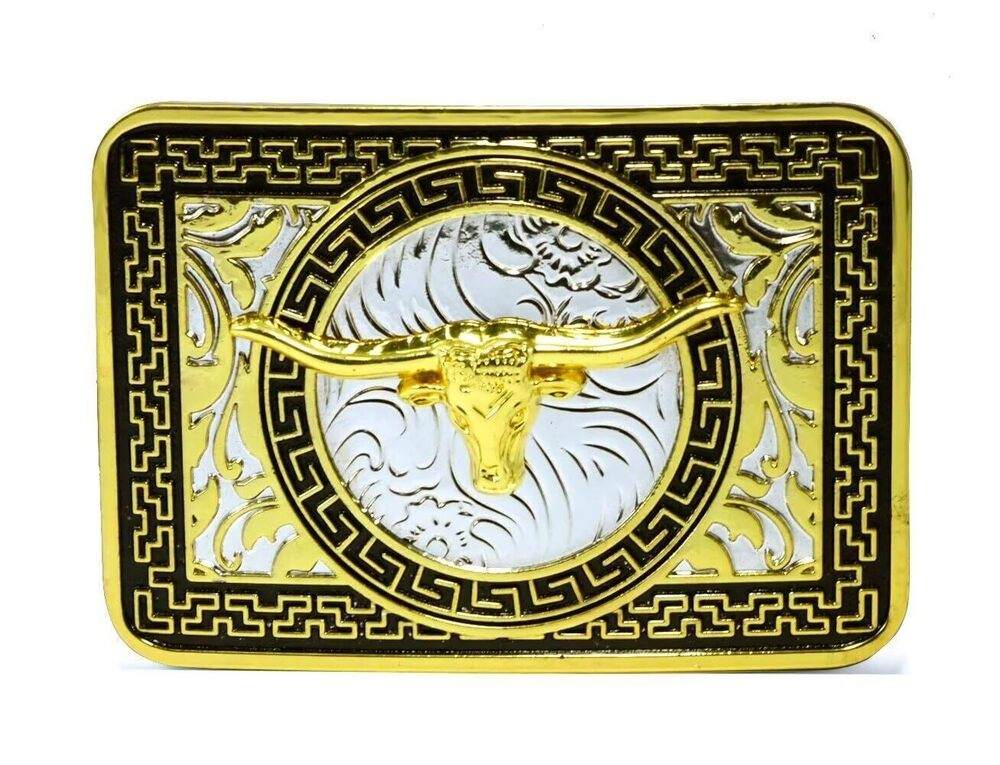 2822 Longhorn Bull Head Belt Buckle With Golden Border Acanthus Flower